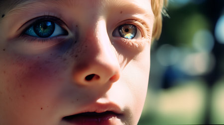 Close up of a boy with blue eyes looking at the camera.の素材