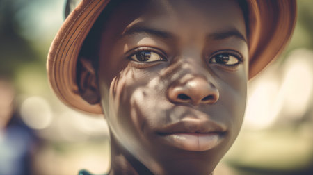 Portrait of a little African boy with hat in the park.の素材