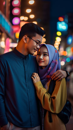 portrait of young asian muslim couple in the city at nightの素材