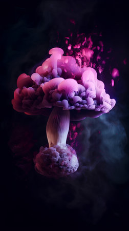 Mysterious mushroom explosion with smoke on black background. 3d illustrationの素材