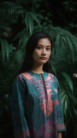 Portrait of a beautiful asian woman in a colorful blouseの素材