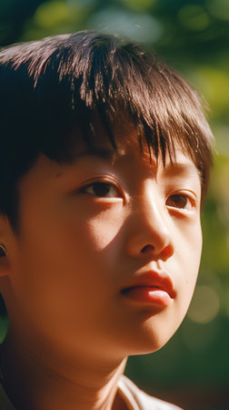 Portrait of a young Asian boy looking at the camera outdoors.の素材