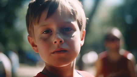 Portrait of a little boy with face painting outdoors in summer.の素材
