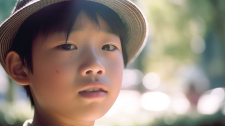 Portrait of asian boy with hat looking at the camera.の素材