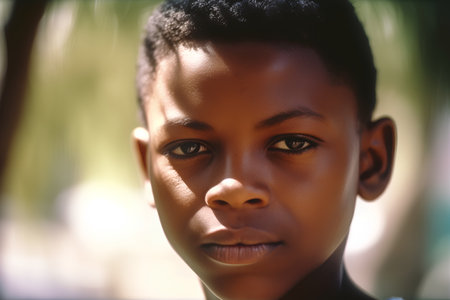 Portrait of a young african american teenage boy in the parkの素材