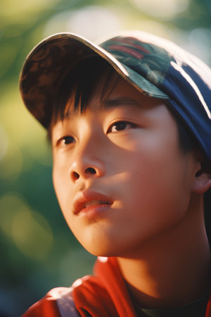 Portrait of a young Asian boy wearing a cap and looking at the cameraの素材