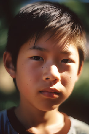 Portrait of a young boy in the park, close-upの素材