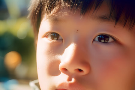 Portrait of asian boy with blue eyes in the park.の素材
