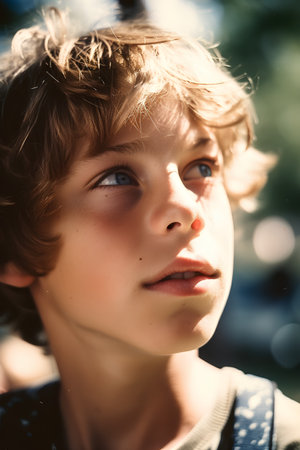 Portrait of a young boy in the park on a sunny dayの素材