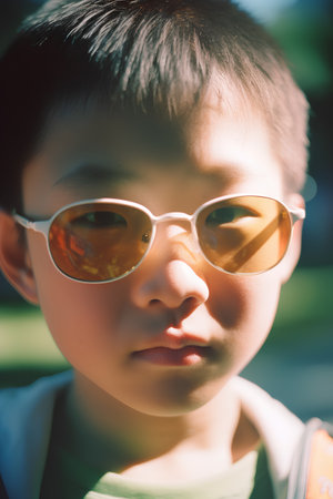 Portrait of a little boy wearing yellow sunglasses and looking at cameraの素材