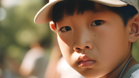 Portrait of asian boy in baseball cap looking at camera.の素材