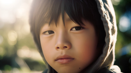 Portrait of asian little boy in the park at sunset.の素材