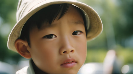 Portrait of a cute asian boy with hat in the parkの素材