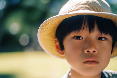 Portrait of a little boy wearing a straw hat in the parkの素材