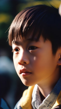 Portrait of young asian boy in the park. Shallow DOFの素材