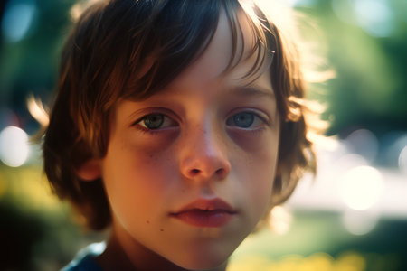 Portrait of a little boy with blue eyes in the park.の素材