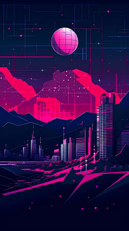 Cityscape with skyscrapers, mountains and neon lights. Vector illustrationの素材