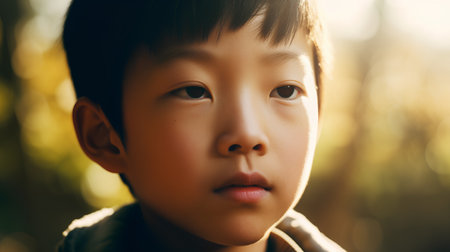 Portrait of a cute little boy in the park. Close up.の素材
