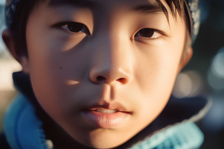Portrait of asian boy looking at camera on the street.の素材