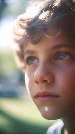portrait of a young boy in the park, close-upの素材