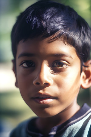 Portrait of a young Indian boy in the park, India.の素材