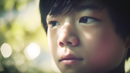 Portrait of a cute little boy looking at the camera in the parkの素材
