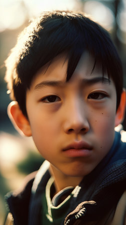 Portrait of asian boy in the park. Selective focus.の素材