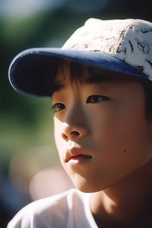 Portrait of a little boy in a cap, close-upの素材