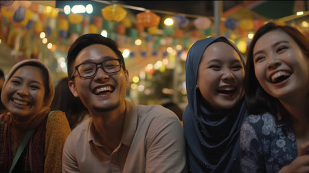 Group of asian muslim people having fun in the street at nightの素材