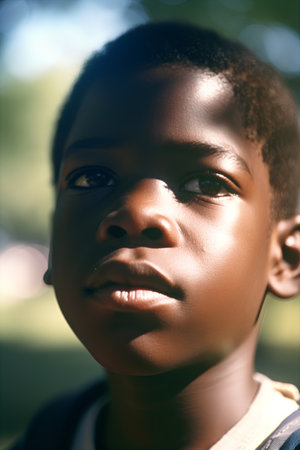 Close-up portrait of a young African American boy in the parkの素材