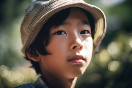 Portrait of a cute asian boy with hat and blue eyesの素材