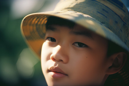 Portrait of asian boy wearing hat and looking at camera.の素材
