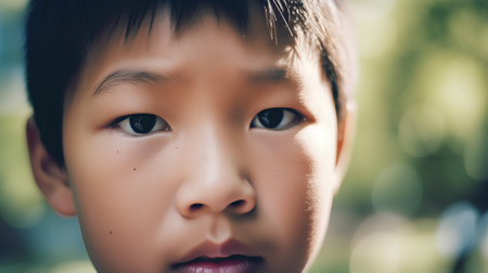 Close-up portrait of a cute asian boy in the parkの素材