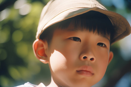 Portrait of asian boy wearing cap and looking at camera.の素材