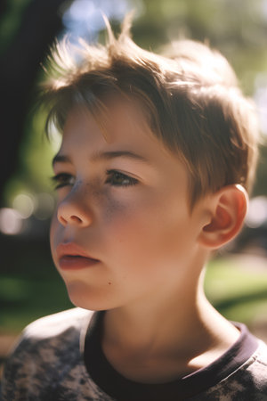 Portrait of a boy in the park. Shallow depth of field.の素材