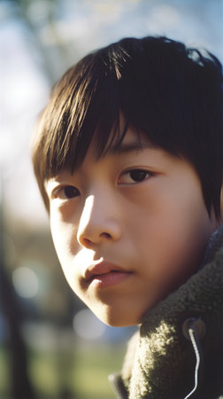 Portrait of a young boy looking at the camera in the parkの素材