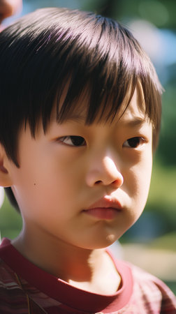 Portrait of a cute asian boy looking at the camera.の素材