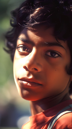 Portrait of a young Indian boy in a park in India.の素材