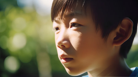 Portrait of a young boy in the park, close-upの素材