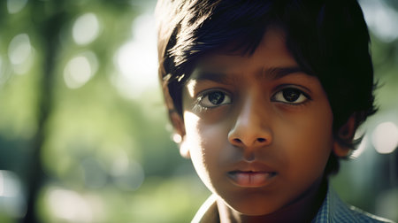 Portrait of a cute indian boy in the park with green backgroundの素材