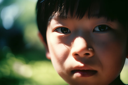 Japanese boy looking at the camera (5 years old) in a parkの素材
