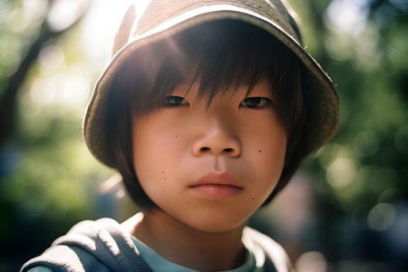 Portrait of a boy with hat in the park. Focus on eyes.の素材