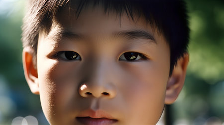 Portrait of asian boy with blue eyes looking to the cameraの素材