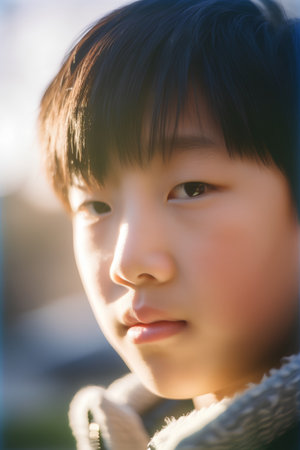 Portrait of a boy looking at the camera with a serious expressionの素材