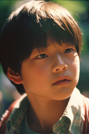 Portrait of asian boy looking at camera. Vintage style.の素材