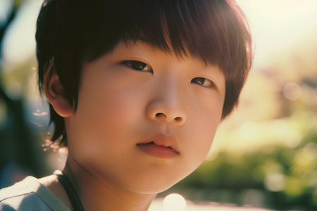 Portrait of a beautiful asian boy looking at the camera outdoorsの素材