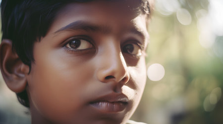 Close-up portrait of young indian boy looking at camera.の素材
