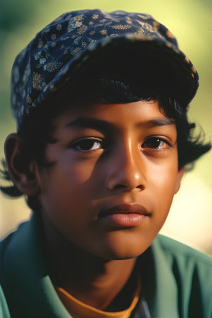 Portrait of a cute little boy in a cap looking at cameraの素材