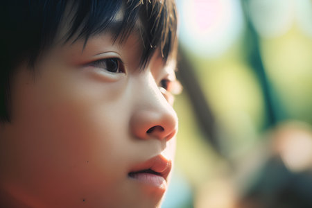Portrait of asian boy looking at camera in the park.の素材