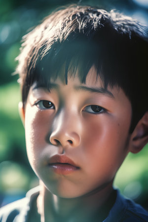 Portrait of asian boy with blue eyes looking at camera.の素材